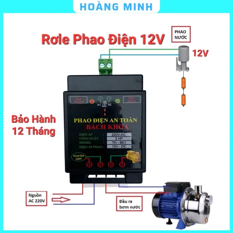 Rơ Le phao điện 12V 3HP Bách Khoa chuyển phao bồn nước 220V xuống 12V DC an toàn 0