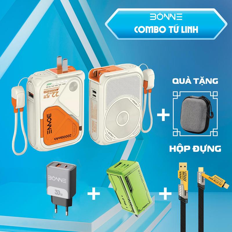 ( Tặng hộp đựng) Combo Sạc Tứ Linh Tối Thượng Bonne TECHNOLOGIQUE Bao Gồm Sạc dự phòng BP08, dây sạc nhanh 4 đầu BC24 và củ sạc nhanh BA24 -30W hoặc BA67 - 67W, bảo hành 12 tháng lỗi 1 đổi 1 by BONNE VIETNAM.[phụ kiện, [kem, usb], usb, kem]