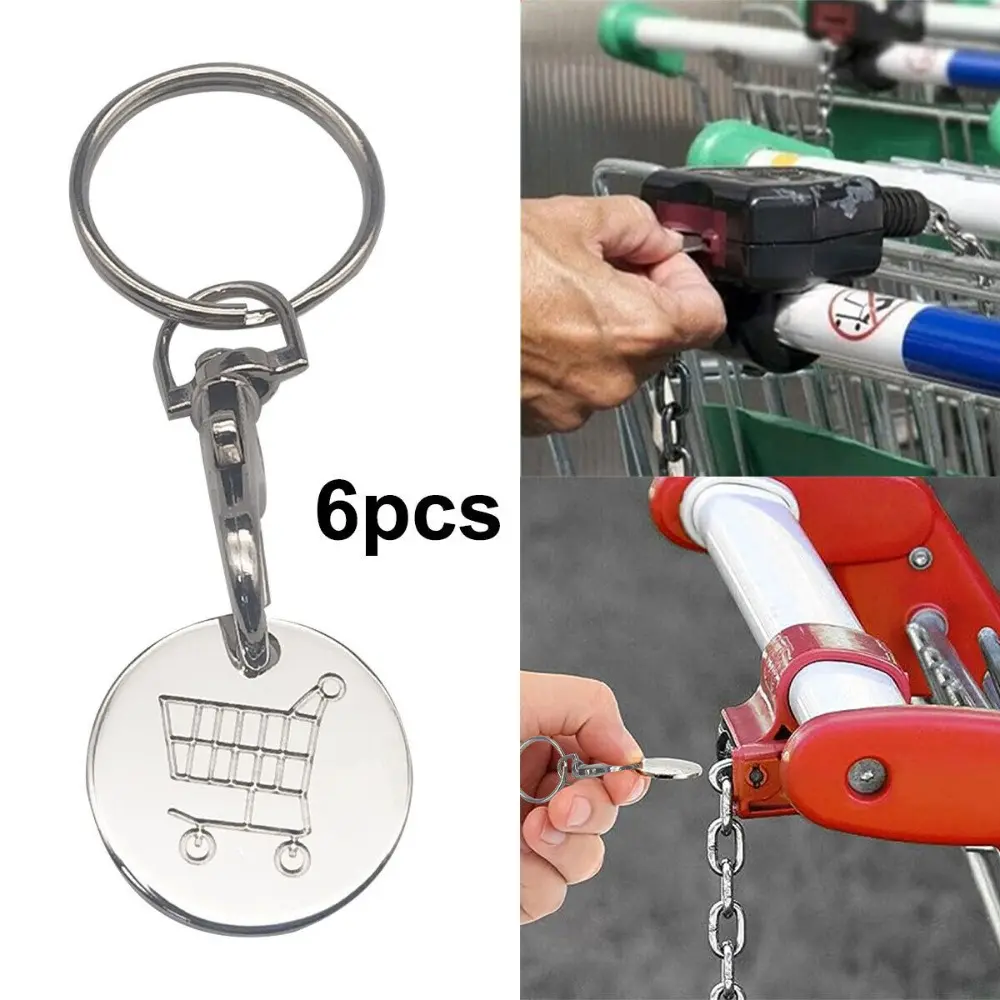 6pcs Key Chains Supermarket Trolley Coin Keyring With Carabiner Hook Practical Shopping Cart Token Holder Portable Universal Key Ring Token Chip