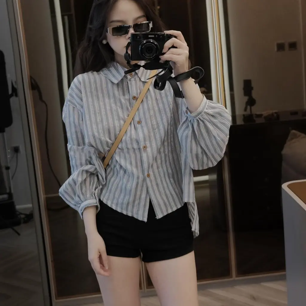 ️ ÁO SƠ MI ĐŨI KẺ TAY BỒNG LỆCH VẠT khoác Nữ