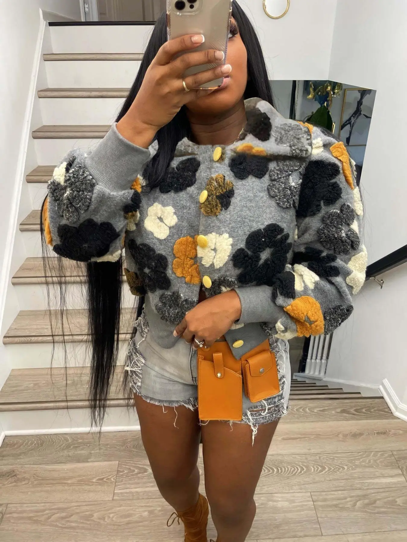 Women's Floral Button Front Drop Shoulder Plush Jacket, Casual Long Sleeve Collared Fuzzy Outerwear for Fall & Winter, Ladies Clothes for Daily Wear