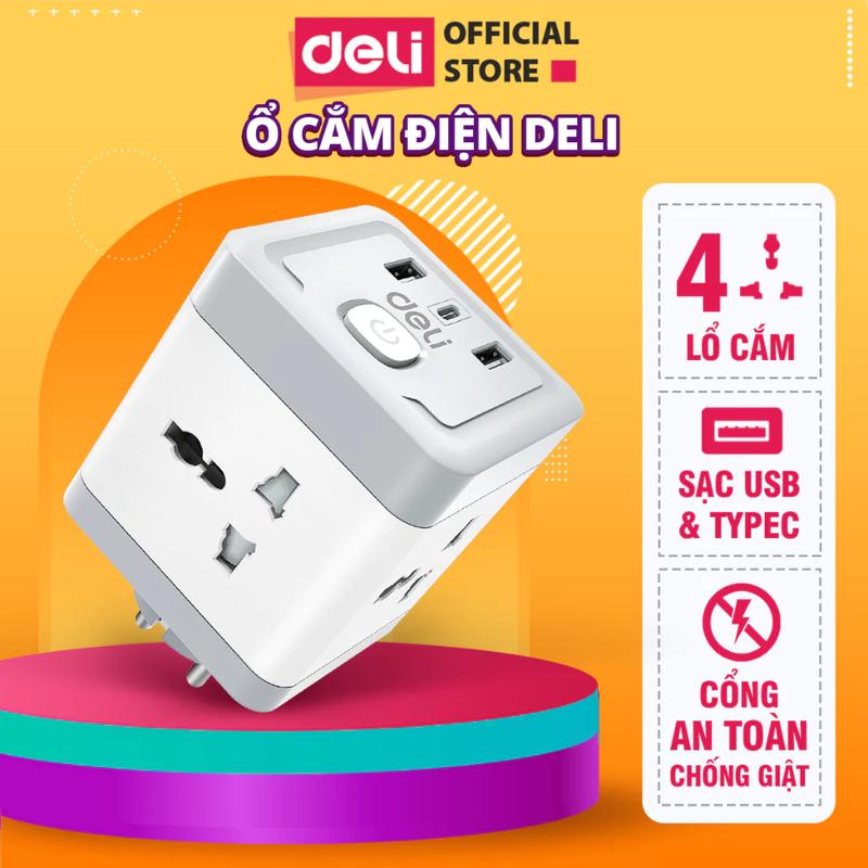   Mới  Ổ Cắm điện không dây DELI Đa Năng 3 Chấu Chân Tròn Dẹt 2500W 4 Lỗ Cắm Sạc USB TypeC Chống Giật An Toàn 