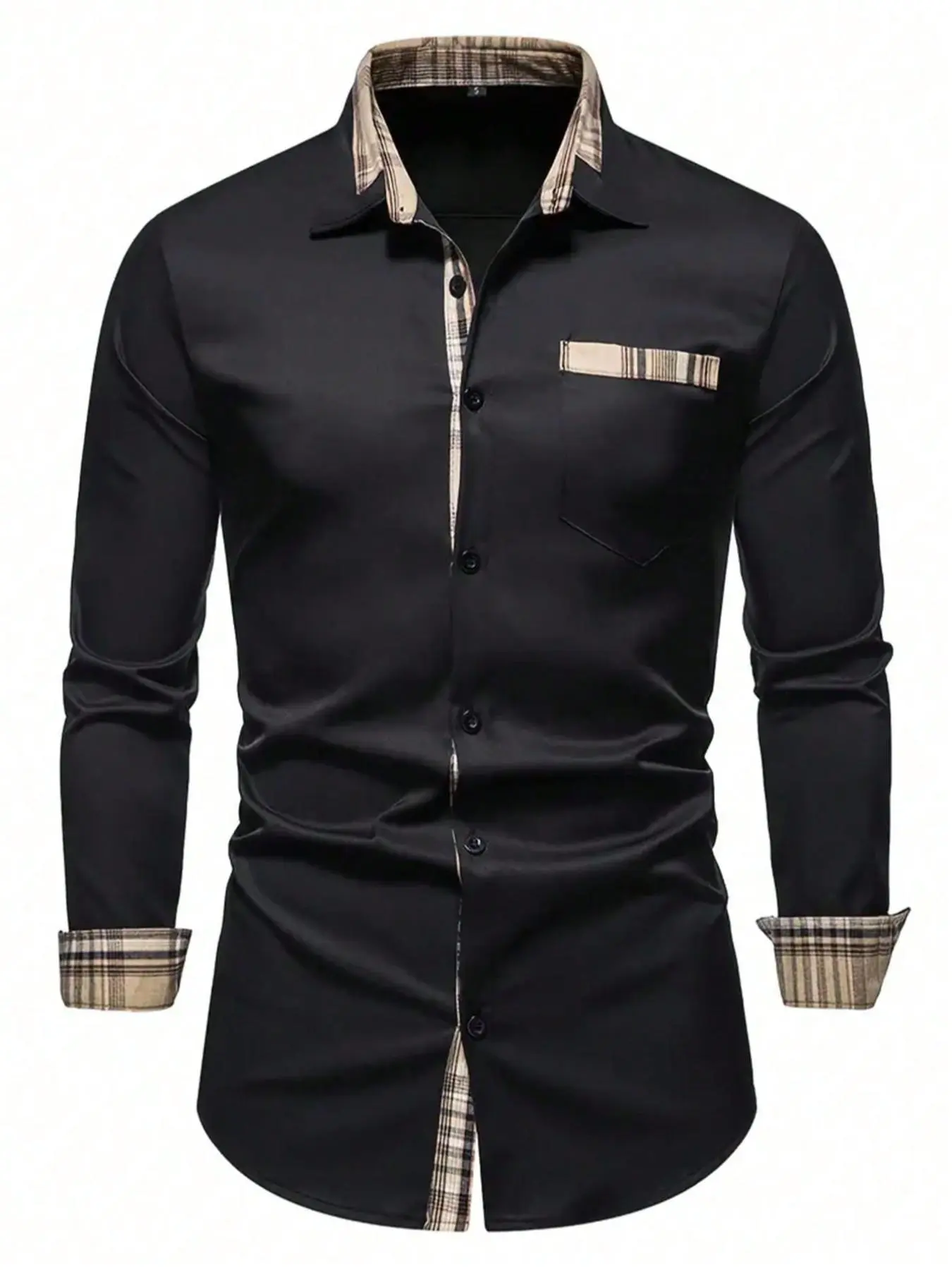 Men's Slim Patchwork Print Button Front Pocket Shirt, Casual Long Sleeve Collared Top for Fall & Winter, 2024 Trendy Men's Clothes, Cozy Fall Outfits, Versatile Menswear for Work Business Daily Wear