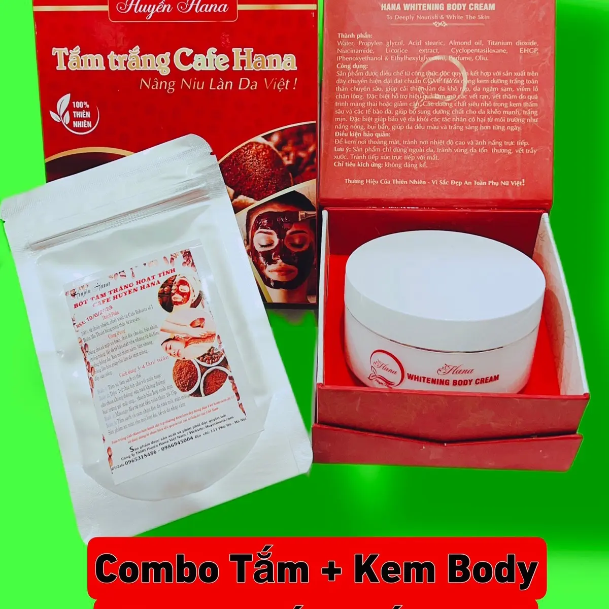 Bộ đôi Bột tắm trắng da cafe hoạt tính Huyền Hana và Kem body Hana trắng da chống nắng