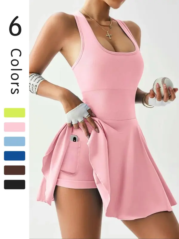 Women's Solid Color Sports Dress, Sporty Sleeveless Tennis Dress for Daily Outdoor Wear, Tennis Athletic Dress, Ladies Sportswear for Summer, Tennis Attire 3