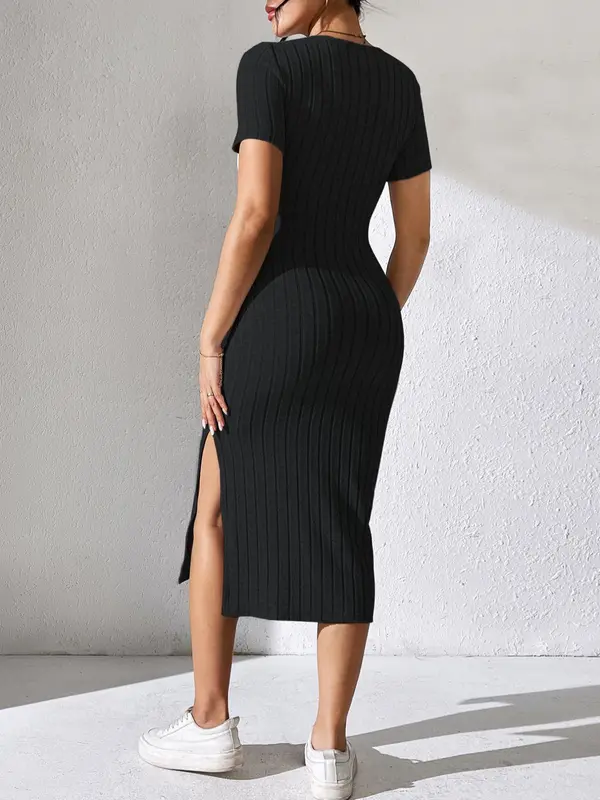 Women's Plain Split Thigh Square Neck Short Sleeve Dress, Summer, Summer Clothes, Dresses Summer, Summer Clothes Casual Short Sleeve Midi Dress, Women's Clothing 5