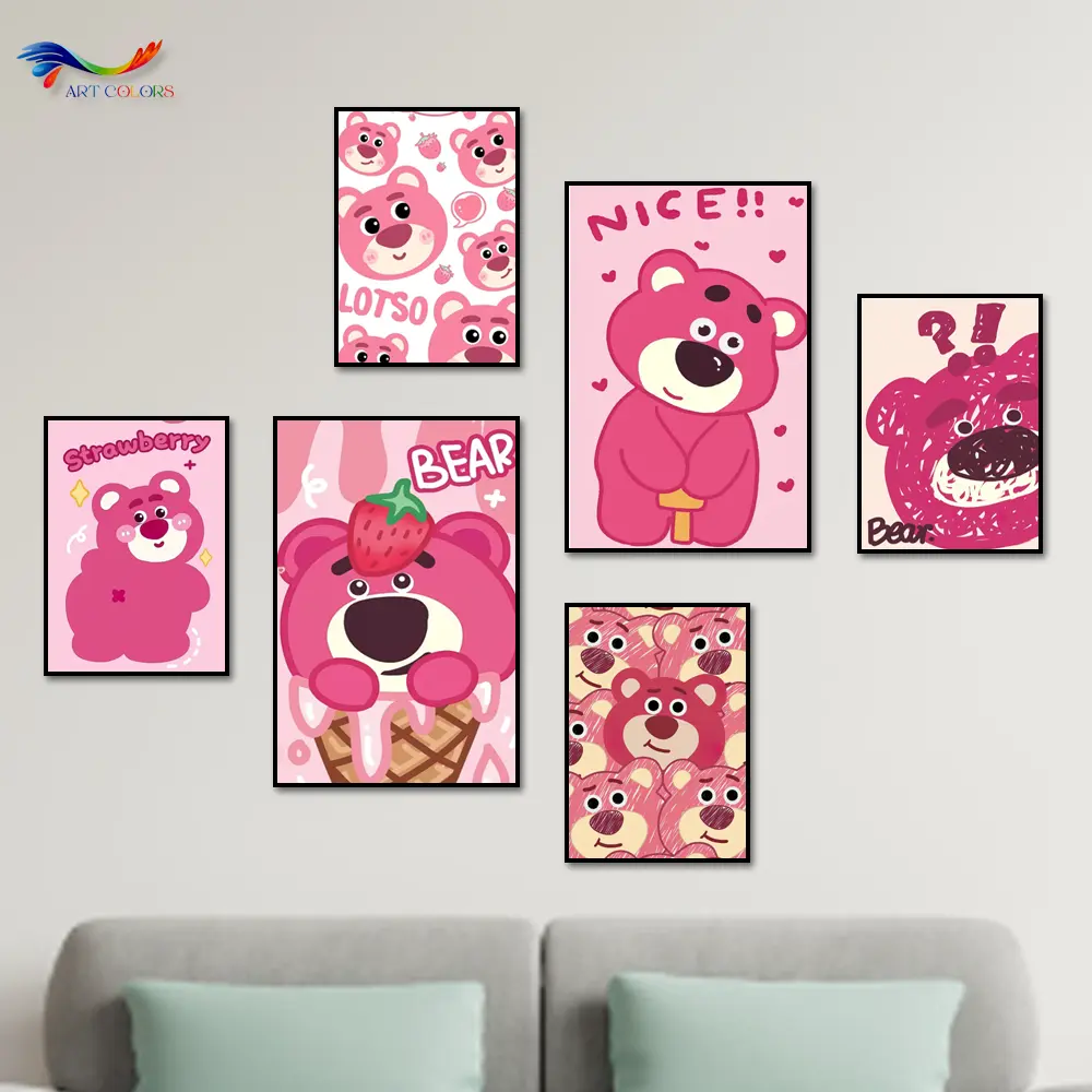 Tranh gỗ dán tường set 6 tấm- Gấu dâu- Tranh decor phòng ngủ,phòng khách