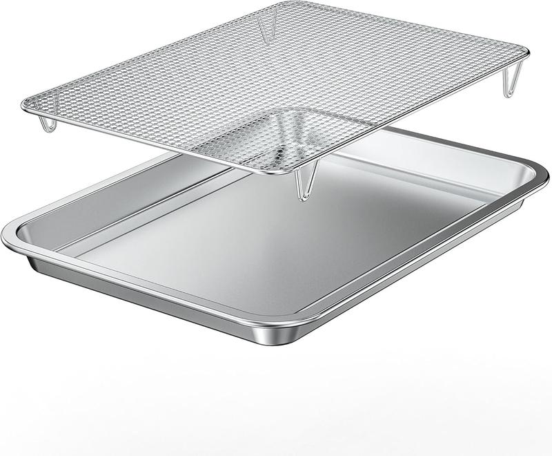 TikTok Shop Baking Sheet with Wire Rack Set 15.35 x 11.5 Stainless Steel Cookie Sheet and Cooling Rack Non stick Cooking Pan with Grease Mesh Strainer Kitchen Bakeware for and Grills Oven Safe