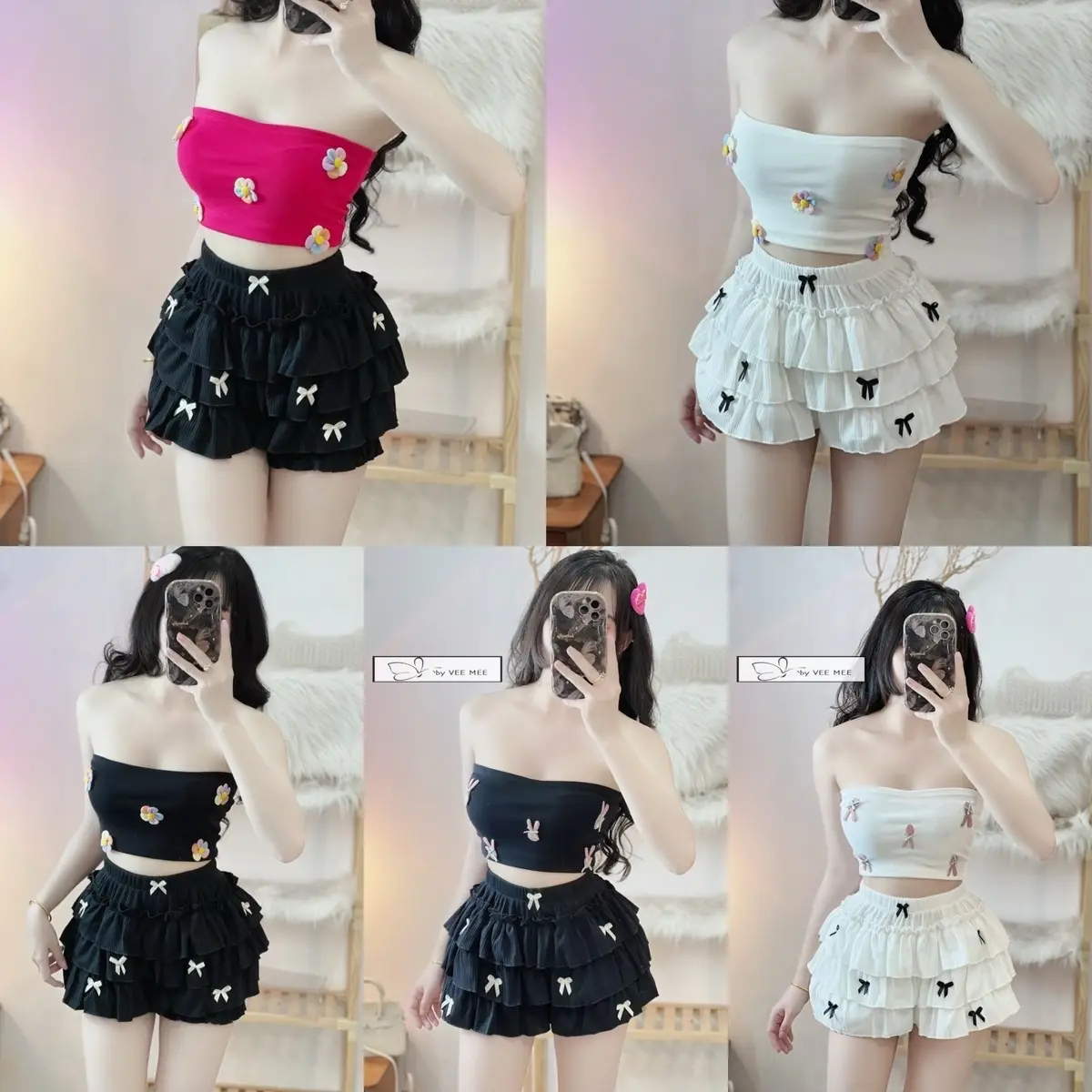 Set áo cúp stickers phối quần short bí tầng nơ _VEEMEEHOUSE (set có tách lẻ)