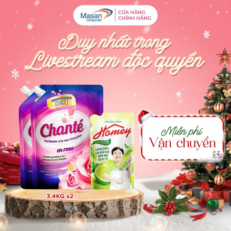 Combo 2 Nước giặt xả Chanté cao cấp 8 trong 1 và 1 Sữa rửa chén Homey hương Chanh & Húng tây Túi 950gr Làm Sạch