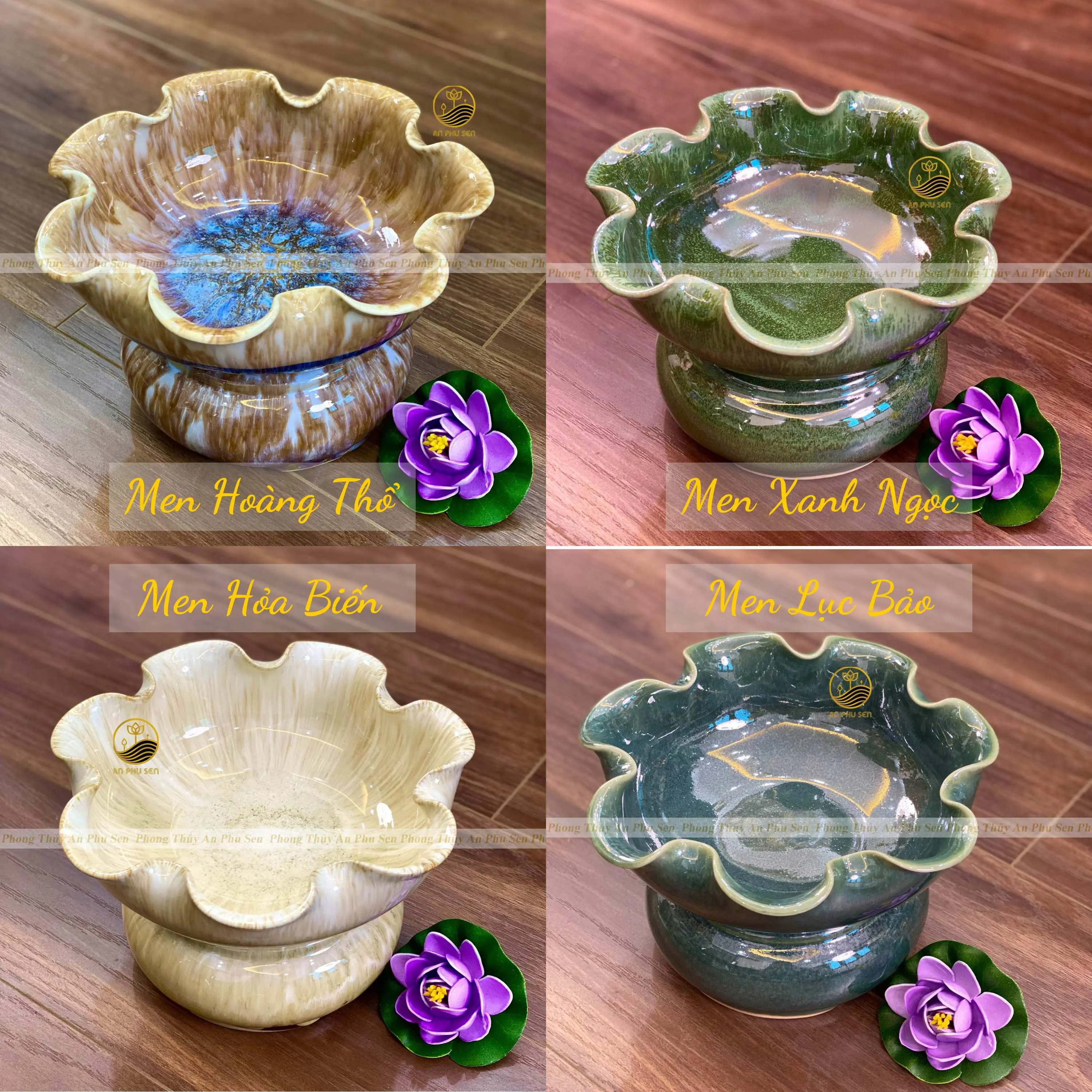 Bát Minh Đường Tụ Thuỷ AN PHÚ SEN gốm Bát Tràng bày Bàn Thờ Thần Tài, Ban Thờ Phật đồ trang trí phong thủy