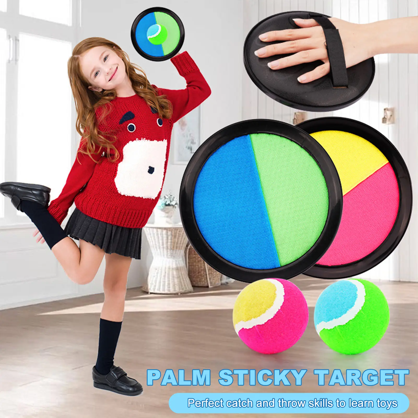 Kids Toss Catch Ball Toy with Adjustable Band Paddle Indoor Outdoor Backyard Parent-children Interactive Sticky Ball Throwing Game Toddlers Boys Girls Gift