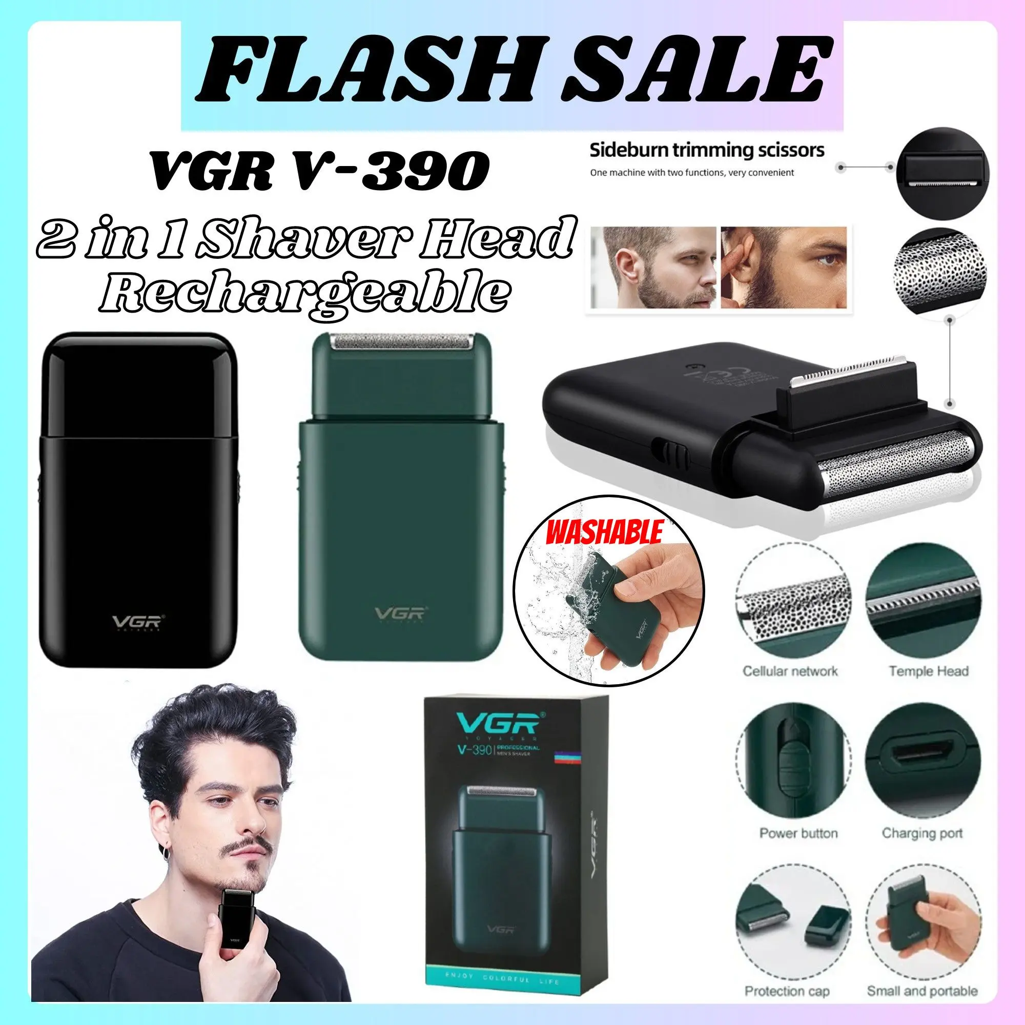 **READY STOCK**VGR V-390Portable Rechargeable Cordless Shaver Electric Hand Shaving Men Beard Trimmer Cutting Machine Cutter