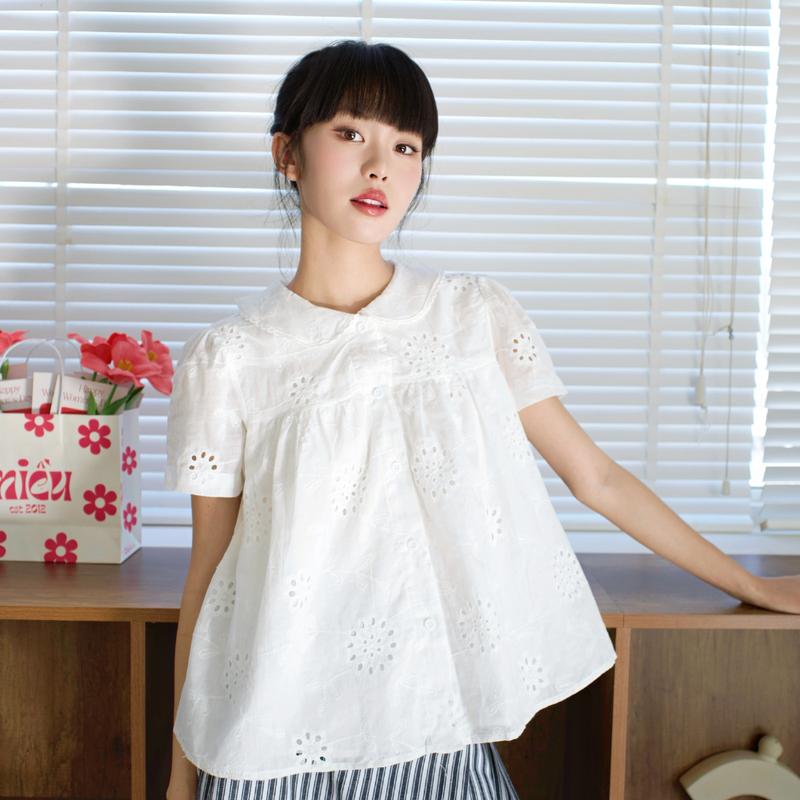 Áo kiểu tay phồng chất vải xô ren đứng form Marina Top Miều Est.2013