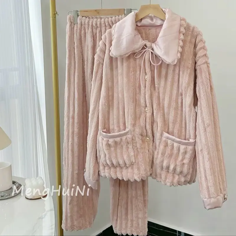 [HOT]Bộ đồ ngủ lông San Hô Bộ Pijama áo khoác cổ sen phối lụa phong cách HQ bông dày dặn,mềm mại cho nữ Women 3