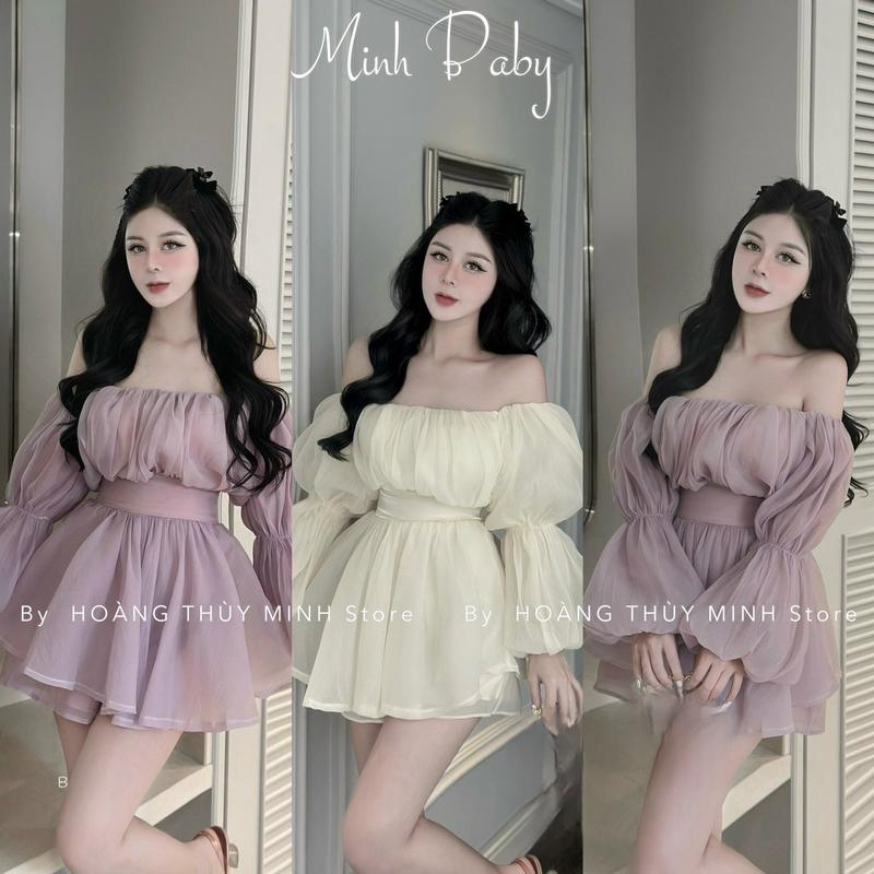 Đầm Bẹt Vai Bồng Tơ Mềm Tiểu Thư Có Mút Kèm Quần khóa Kéo Women Nữ Kem Dress