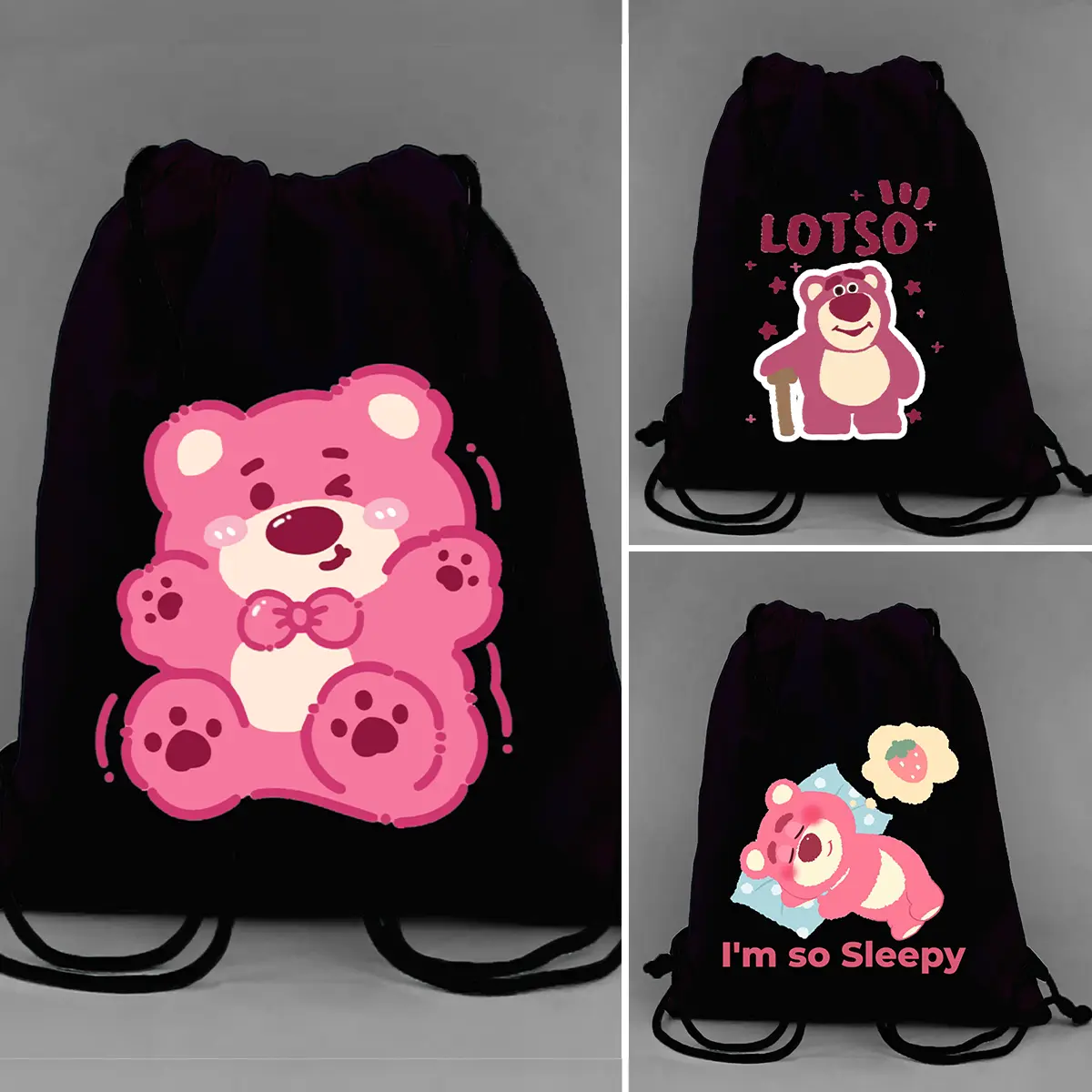 Tas Serut Hitam String Bag Kanvas Lotso Bear Beruang Toy Story Lucu Aesthetic Ukuran 30x40