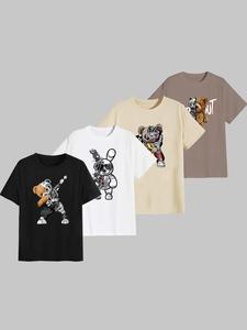 Men's Cartoon Animal Print Round Neck Tee, Regular Fit Casual Short Sleeve T-Shirt, Men's Summer Top for Daily Wear