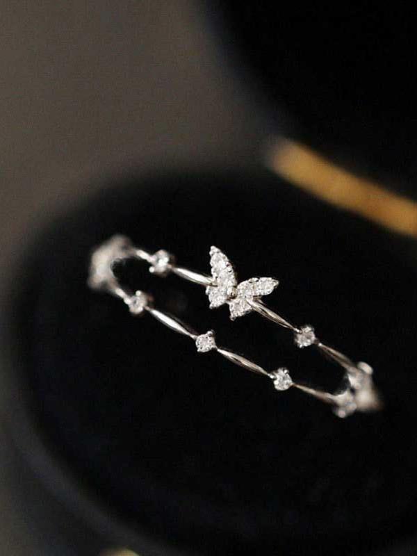 Women's Double-layered Artificial Zircon & Butterfly Design Adjustable Ring Without Box, Elegant Fashion Accessories for Women & Girls Party Wedding Gift 0