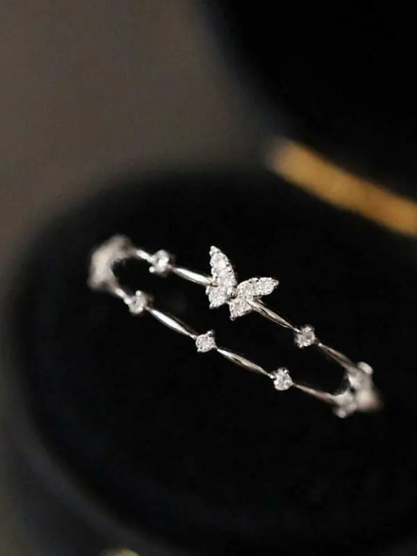 Women's Double-layered Artificial Zircon & Butterfly Design Adjustable Ring Without Box, Elegant Fashion Accessories for Women & Girls Party Wedding Gift 0