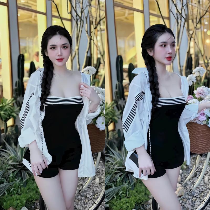 Set jum quần nữ cúp ngực phối sọc kèm khoác sơ mi tay dài chạy viền sang chảnh dành cho các nàng diện đi chơi