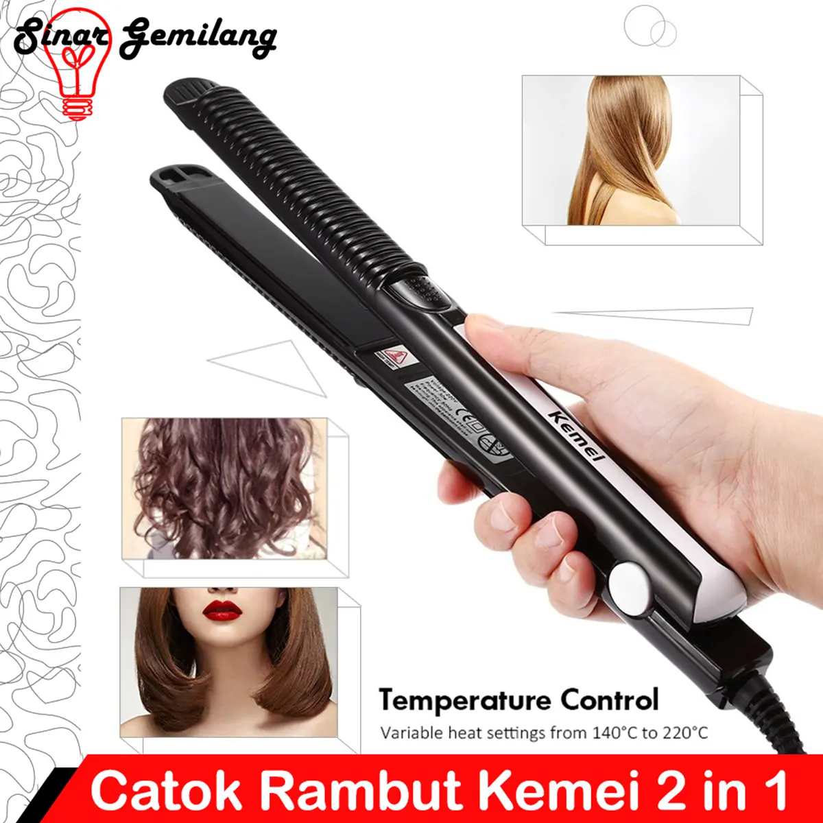 Catok Pelurus Rambut Kemei KM-2139 Catokan Rambut 2 in 1 Lurus Dan Curly Kualitas Terbaik