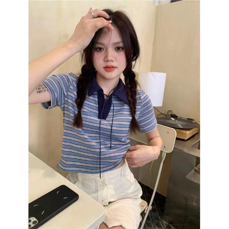 Product Introduction of Áo Thun Sọc, Cổ Polo Màu Tương Phản, Dành Cho Nữ, Phong Cách Cổ Điển Mùa Hè, Mỏng Vừa Vặn, Ngắn Tay, Áo Vai Ngắn, Bán Chạy 12
