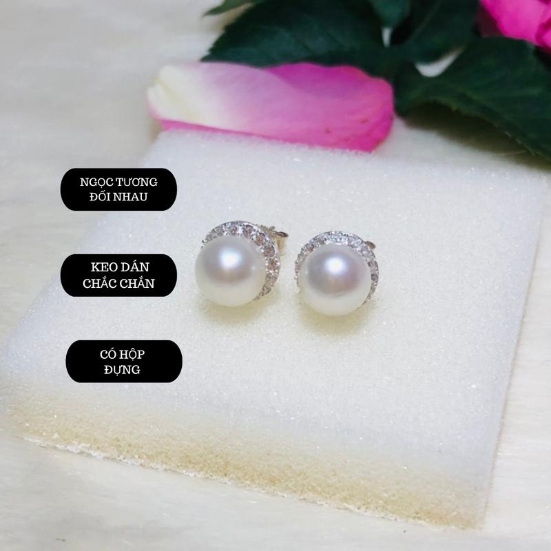 Bông tai ngọc Bán cầu 8-9li màu Trắng Kiểu một dòng xoàn 3