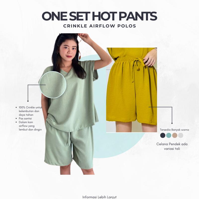 HARGA SPECIAL 3PCS ONE SET SETELAN BAJU WANITA / HOTPANS BAHAN CRINKLE AIRFLOW / CELANA PENDEK WANITA / BAJU TIDUR LENGAN PENDEK LD 120 2