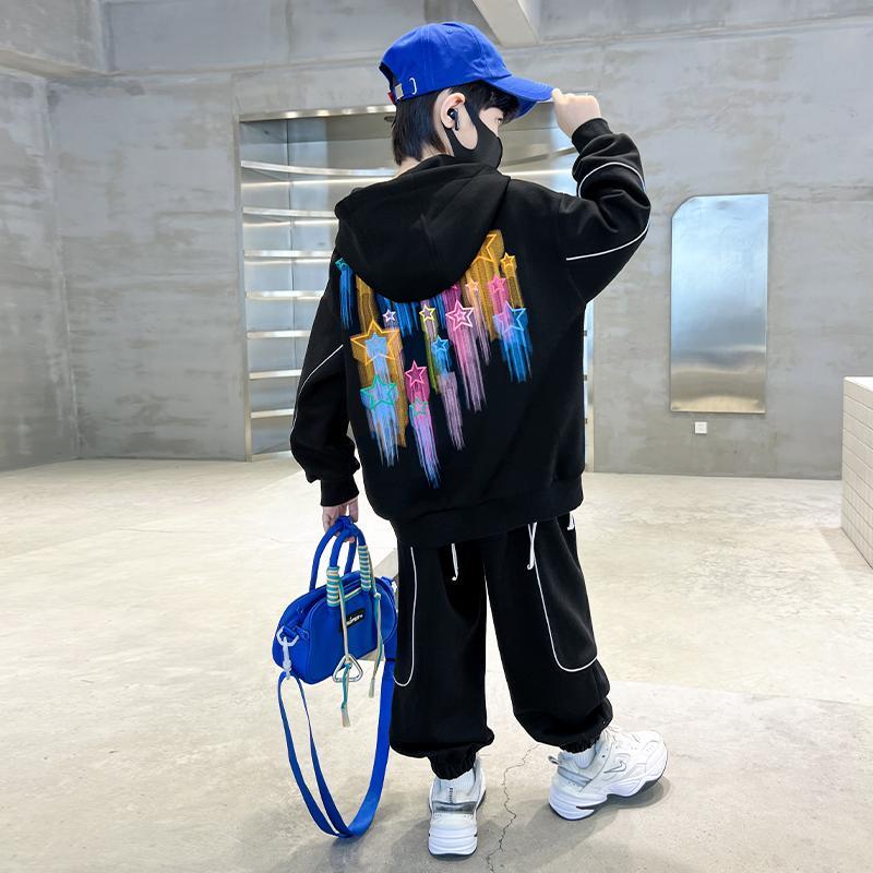 Bộ Nỉ Hoodie Bé Trai In Hình Ngôi Sao Cá Tính – Đồ Thu Đông Thời Trang Trẻ Em, Chất Nỉ Bông Ấm Áp, Size 120–180