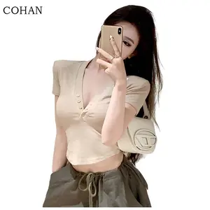 Cohan DS044 V Neck Short Sleeve Crop Top Women"s bodysuit Cream  S/M/L