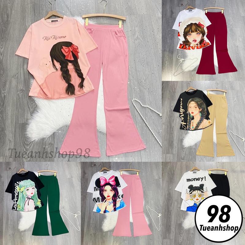 [23 MẪU] Set Áo Thun From Rộng Quần Ống Loe Cao Cấp - Set Dài Nữ Quần From Legging Phối Áo Phông 3D Phong Cách Hàn Quốc TUEANHSHOP