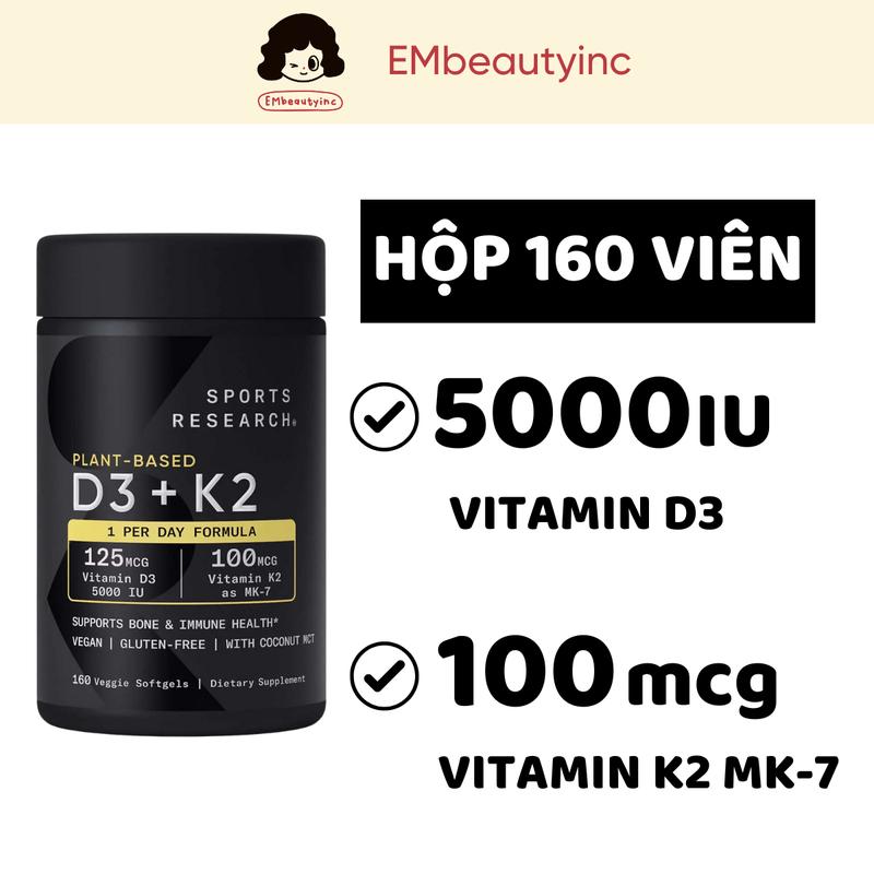 [160 Viên] Viên Uống Bổ Sung Vitamin D3+K2 Sports Research