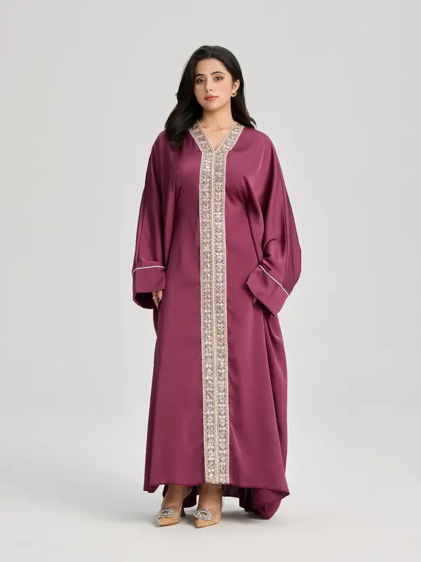 Women's Lace Embellishment V Neck Abaya, Modest Long Sleeve Maxi Dress for Party Wedding Guest, Formal Ladies Islamic Clothing for All Seasons 5