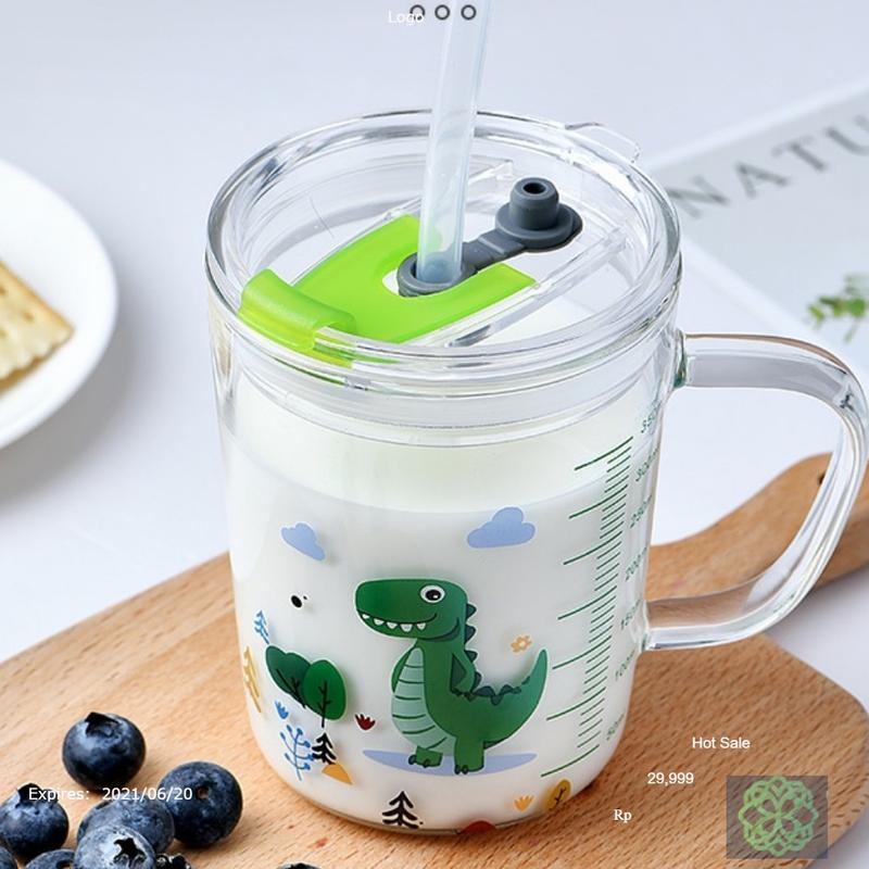 Cốc Thuỷ Tinh Chia Vạch Mili, Ly Thủy Tinh Có Nắp Chống Đổ (400ml), Hình Thú Dễ Thương ống hút pp đơn giản bình thuỷ