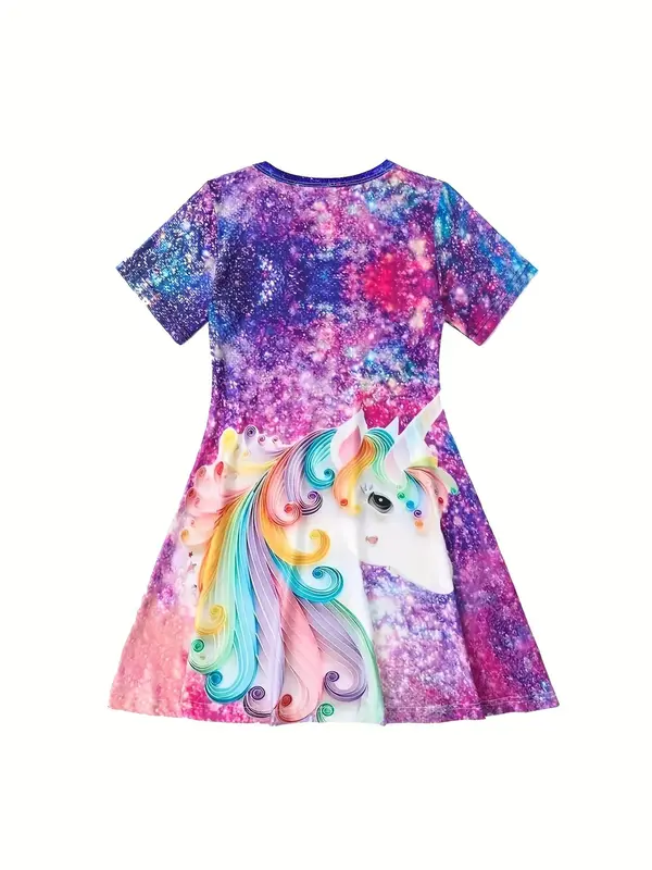 Girl's All Over Unicorn Print Short Sleeve Dress, Cute Casual Round Neck A Line Dress for Summer, Kids Clothes for Daily Wear 1