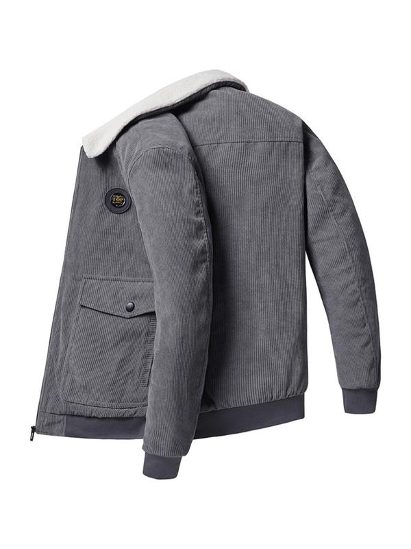 Men's Regular Fit Solid Patched Pocket Fleece Jacket, Casual Long Sleeve Zip Up Outerwear for Winter, Men's Clothes for Daily Wear 3
