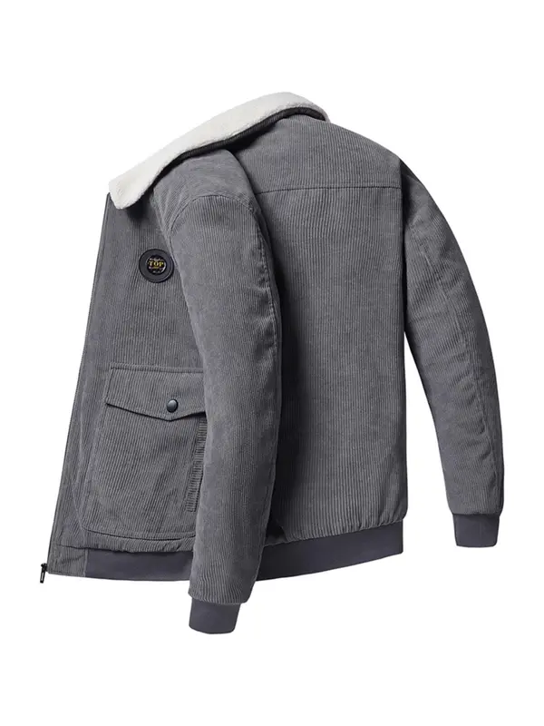 Men's Regular Fit Solid Patched Pocket Fleece Jacket, Casual Long Sleeve Zip Up Outerwear for Winter, Men's Clothes for Daily Wear 3