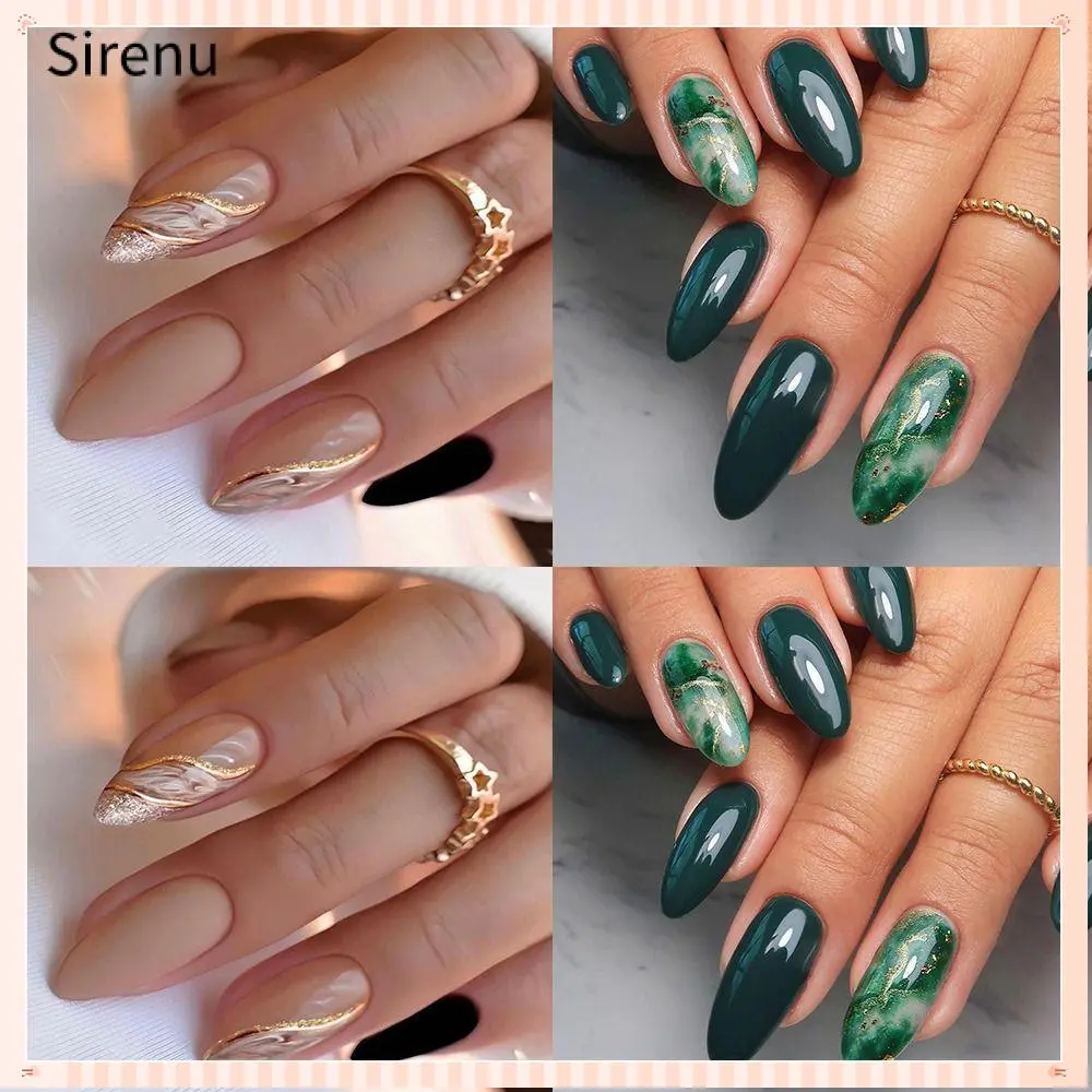 Manicure Long Almond False Nails Simple French Press on Nails Green Color Detachable Nail Tips Women