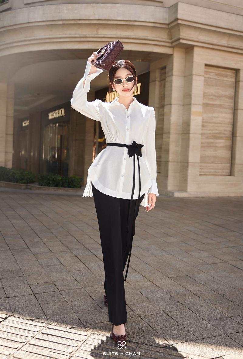 Product Introduction of SUITS BY CHAN - Áo sơ mi kiểu tay dài xếp li tà sau (Ko kèm belt), Quần dài ống loe - VKAO00530 SCQD00046 Nữ Women 46