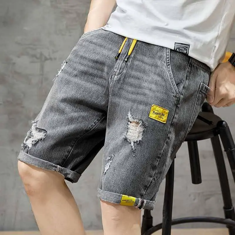 Seluar Pendek Lelaki Men's Elastic Jeans Short Denim jeans with Holes Summer Man Thin Cotton Pants Loose Casual Summer