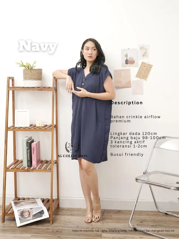 AGcollections | Dress Daster Pendek Belvana Kancing Busui Friendly Bahan Crinkle Airflow Premium Baju Tidur Dingin Wanita 5