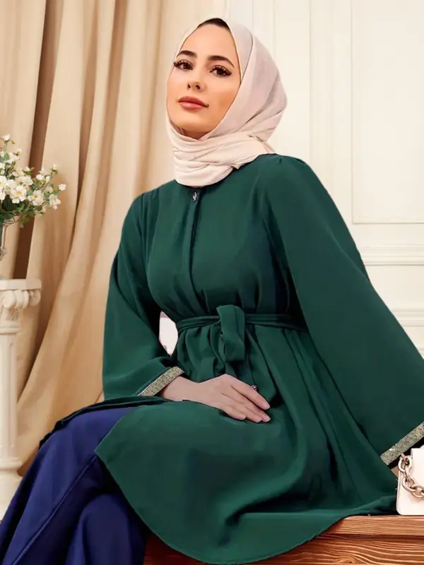 Women's Solid Color Long Sleeve Belted Blouse, Modesty Casual Round Neck Top for Daily Wear, Ladies Islamic Clothing for All Seasons 7