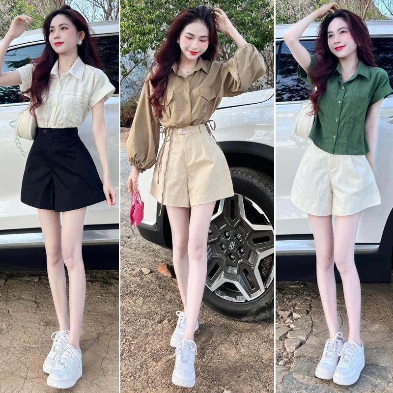 Quần Đùi nữ cạp cao cúc lệch khóa thật mặc mùa Hè mát - Quần short lưng cao đi biển chơi ở nhà học chất vải Kaki mềm