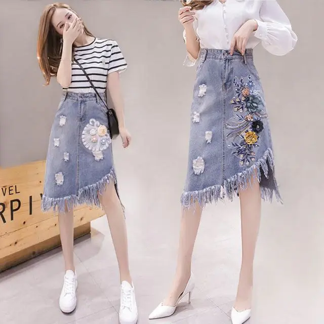 Chân Váy Denim, Thời Trang Mới Mùa Hè 2024, Váy Dài Trung Bình Dành Cho Nữ, Cạp Cao, Chữ A, Thêu Và Tua Rua, Bất Đối Xứng, Rách, Thời Trang Women Khuy
