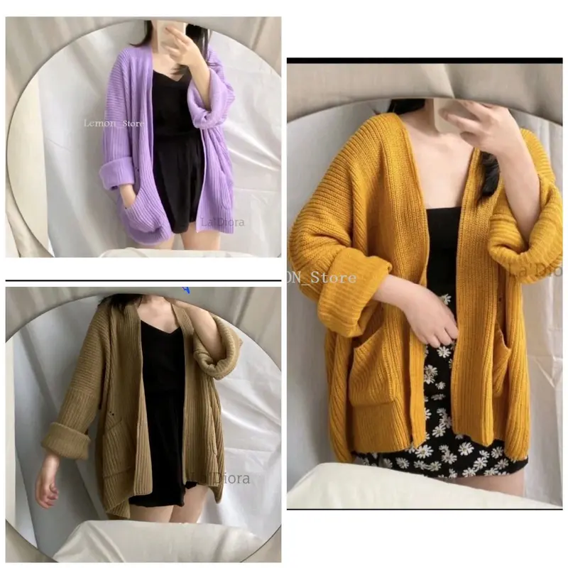 LAVELA Cardigan Rajut Jumbo XXL 3XL 4XL - oversize - Kardigan- lengan panjang - OUTER- cardy-big size-COD Wanita Simple Knitwear Atasan Baju Basic Batwing Hitam Top Kancing Sweater 0
