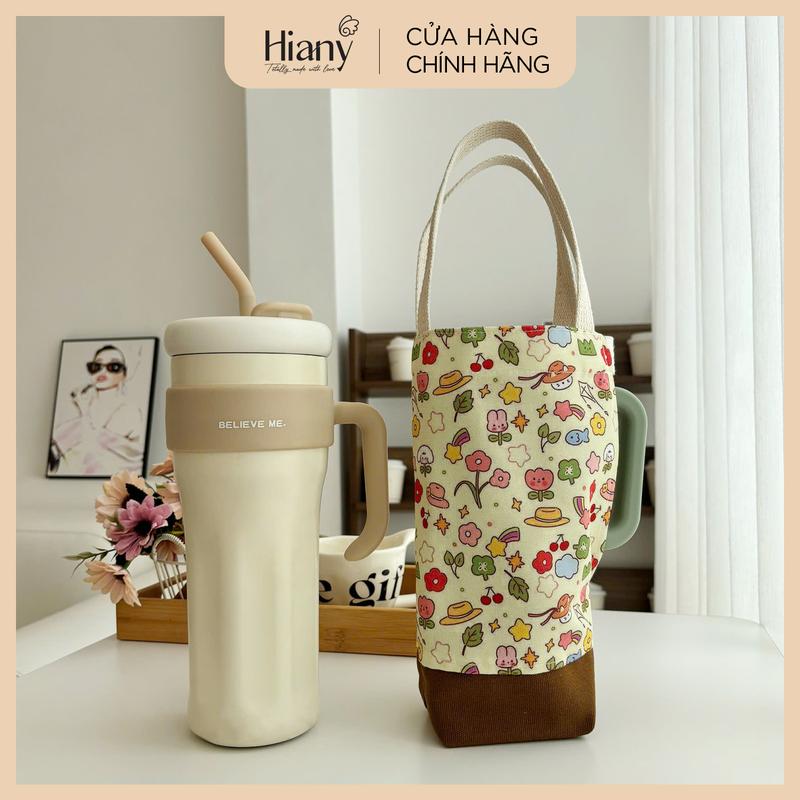 Túi đựng bình nước bottle bag thiết kế mới 2 quai chất liệu canvas phối vải in hình hoạt hình hoa lá Hiany AV03 0