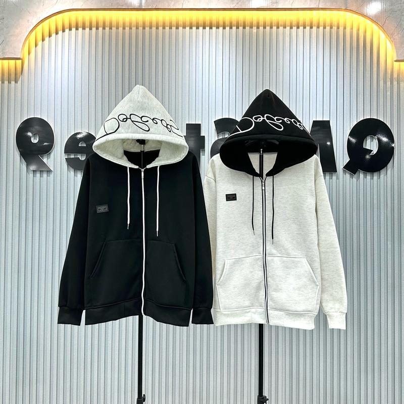 Áo khoác zip hoodie Mũ trắng Mũ đen logo kim loại hottrend girl phố boy phố Menswear