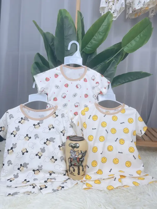 3 Bộ Đồ Cho Bé Chất Vải Tăm Lạnh Thoáng Mát In Họa Tiết Dễ Thương 0
