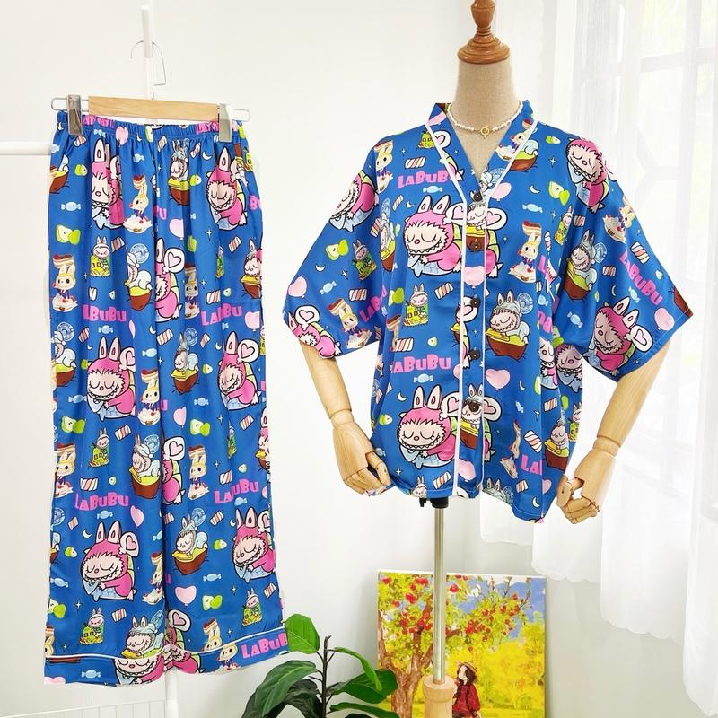 [Size 50-75kg] Bộ quần áo ngủ dáng cánh dơi quần dài chất vải lụa mịn, nhiều hoạ tiết dễ thương